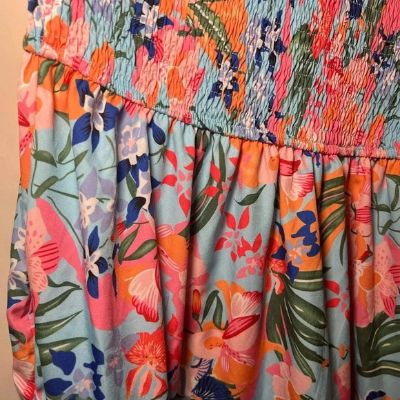 Floral Tropical One Shoulder Smocked Dress midi wedding guest travel - Picture 6 of 9